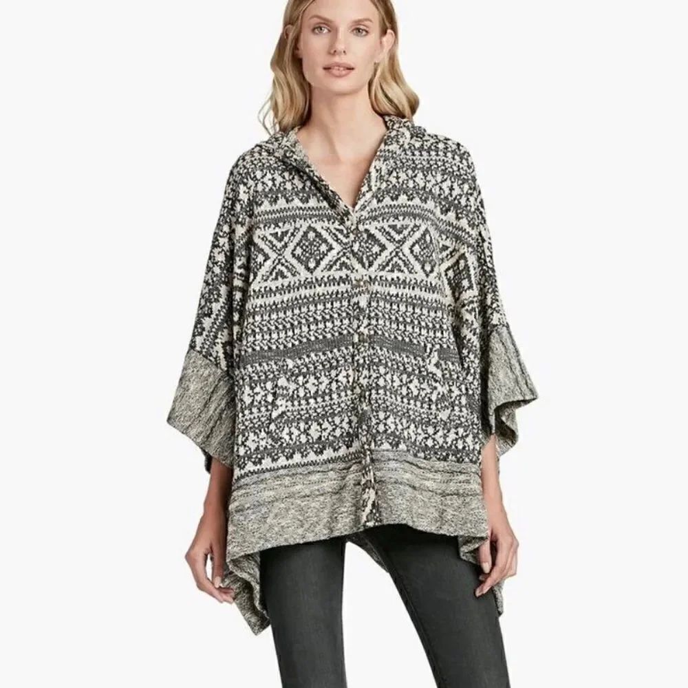Lucky Brand | Jacquard Terry Button Hooded Poncho